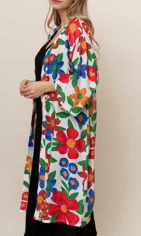 Red blue green floral kimono