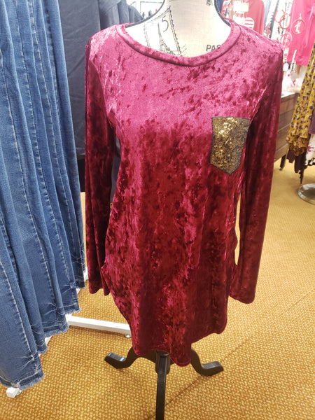 Burgundy velvet sequin pocket top