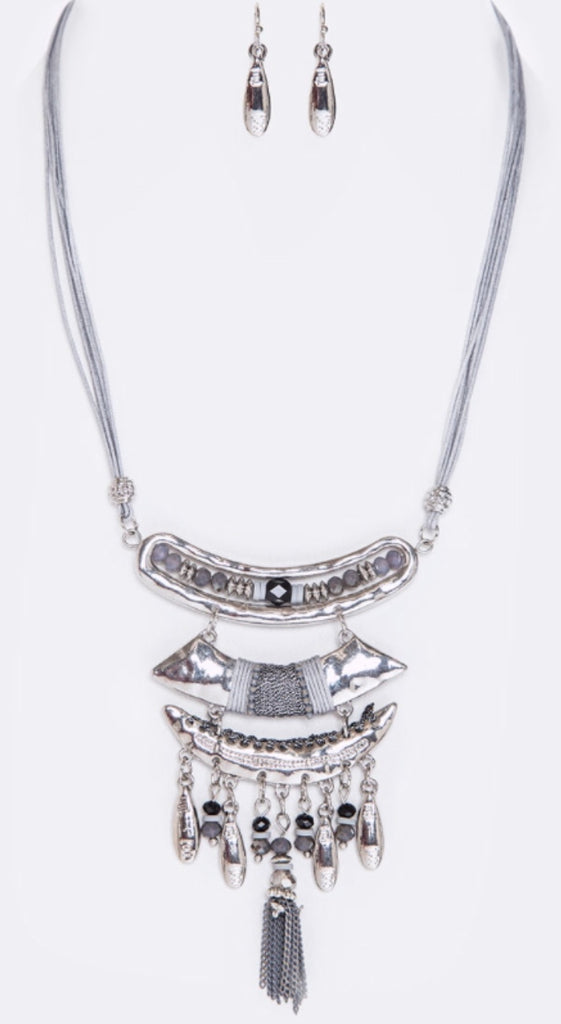 Gray cord silver charm Tassel necklace set