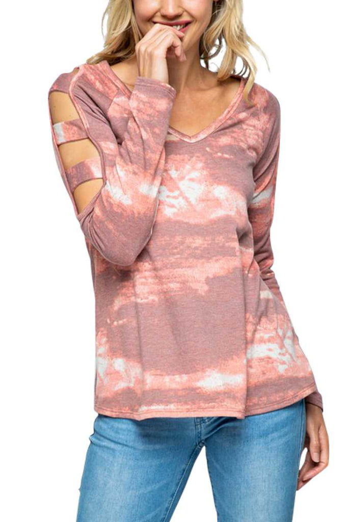 Rust Tie Dye Cutout Sleeve Top
