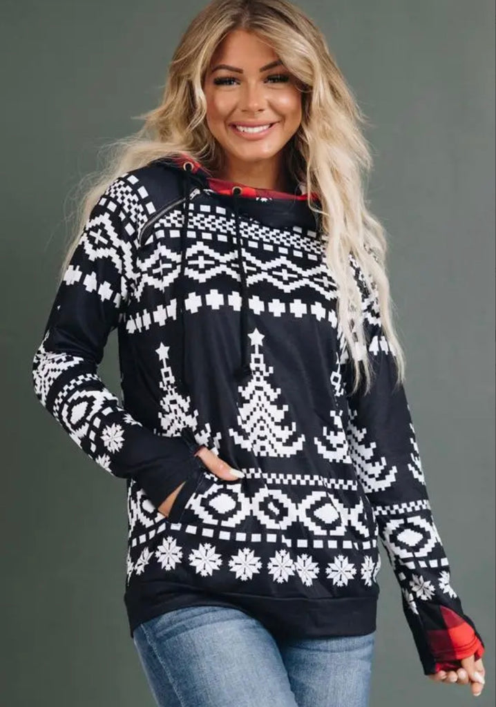 Black Tree Plaid Hoodie