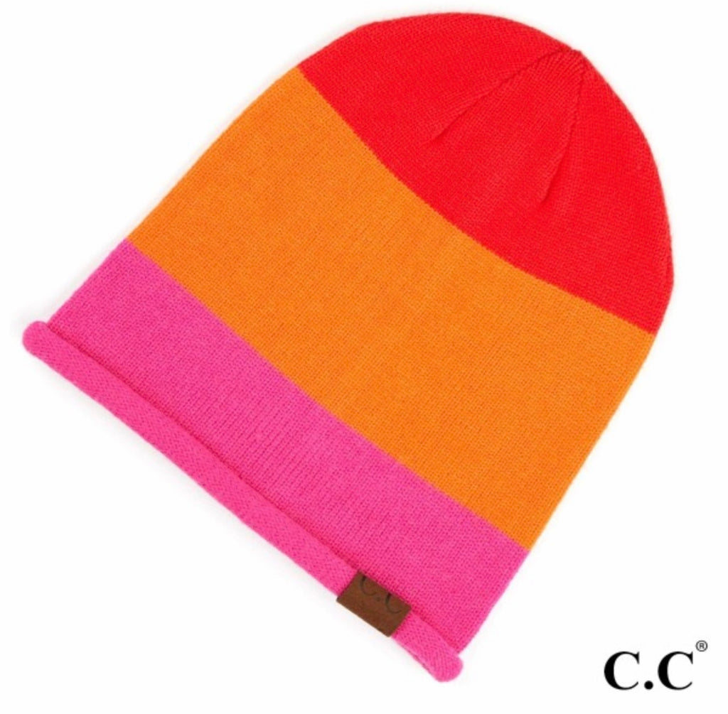 Orange pink color block CC beanie