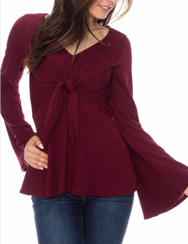 Burgundy baby doll tie bell sleeve top