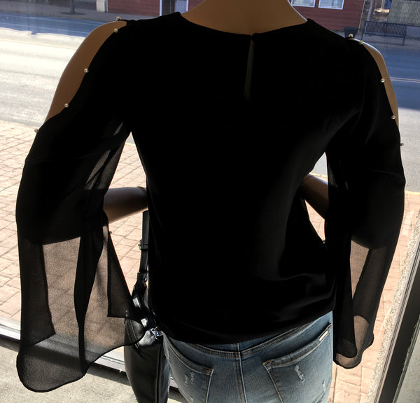 Black pearl embellished split sleeve top