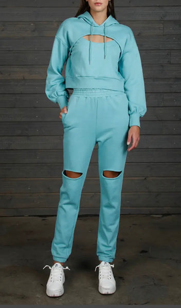 Sage blue green hoodie distressed sweatsuit