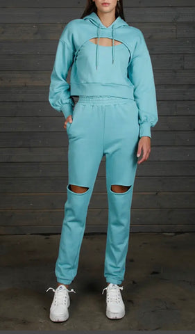 Sage blue green hoodie distressed sweatsuit
