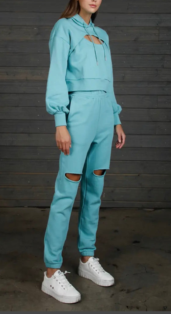 Sage blue green hoodie distressed sweatsuit