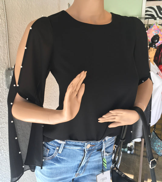 Black pearl embellished split sleeve top