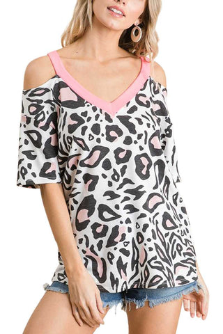 Neon Pink LEOPARD PRINT open shoulder V NECK TOP