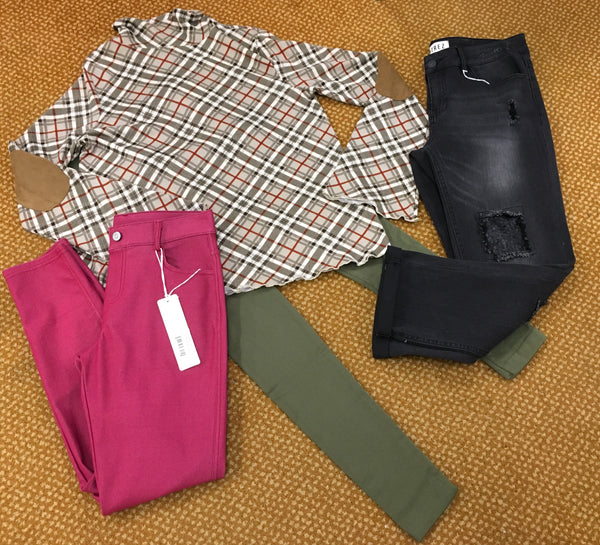 Latte with olive green plaid Ungee mock neck top