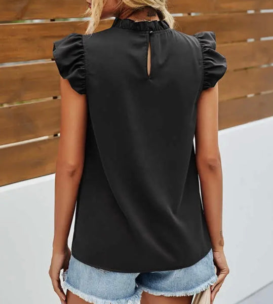 Black Mock Neck Ruffle Short Sleeve Blouse