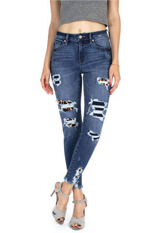 KanCan dark denim leopard patch jean