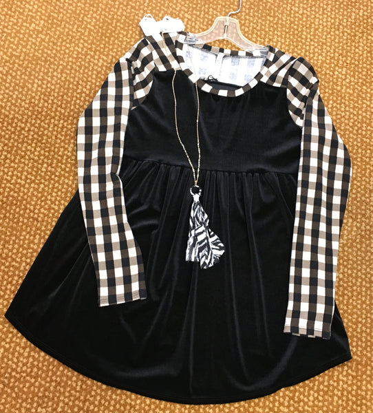 Black velvet plaid sleeve top