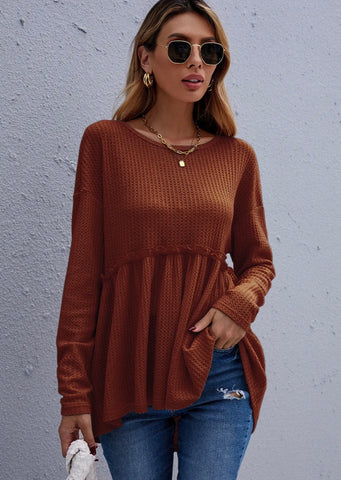 Brick Rust Ruffle Baby Doll Waffle Top