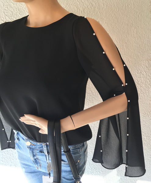 Black pearl embellished split sleeve top