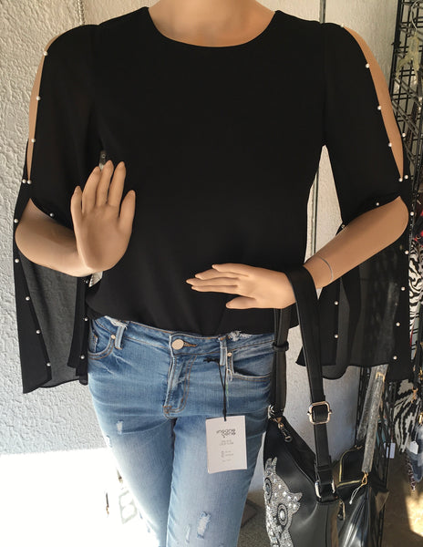 Black pearl embellished split sleeve top