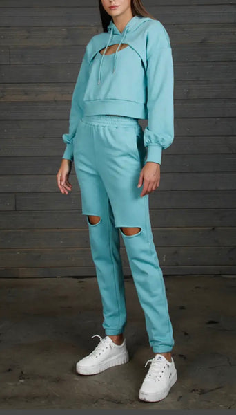 Sage blue green hoodie distressed sweatsuit