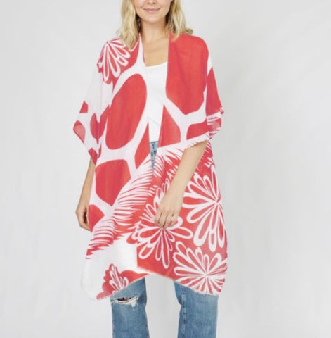Coral floral print kimono