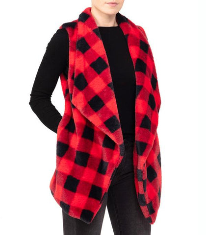 Red Soft Buffalo Plaid Vest w/Pocket