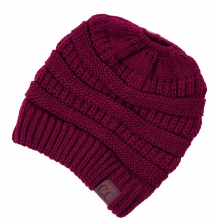 Burgundy CC Beanie messy bun
