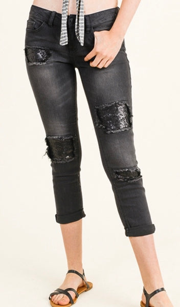 Black denim sequin distressed jean