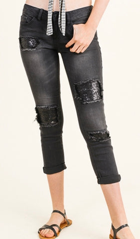Black denim sequin distressed jean