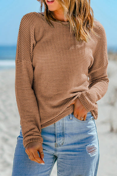 Khaki Waffle Knit Drop Shoulder Top