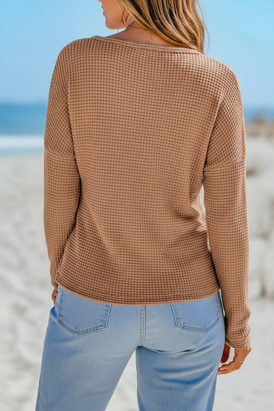 Khaki Waffle Knit Drop Shoulder Top