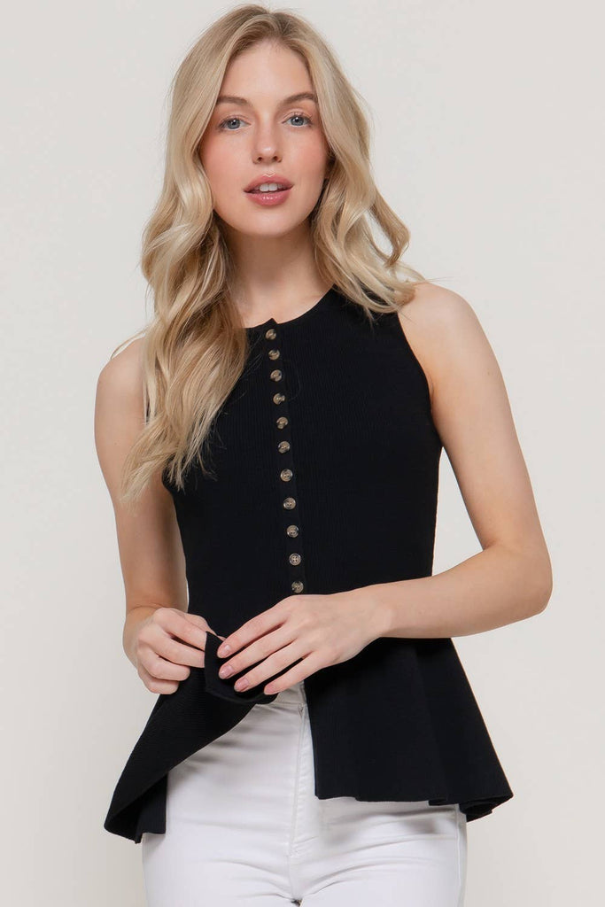 Black Sleeveless Button Down Peplum Sweater