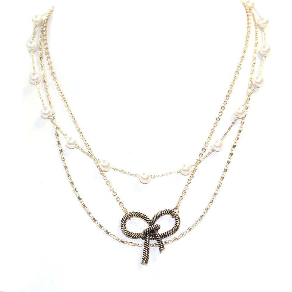 Bow Gold Layered Pearl accent Necklace