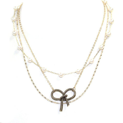 Bow Gold Layered Pearl accent Necklace