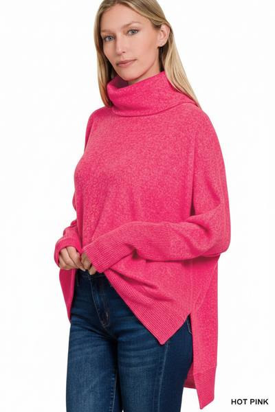 Hot Pink Brushed Melange Cowl Neck Sweater