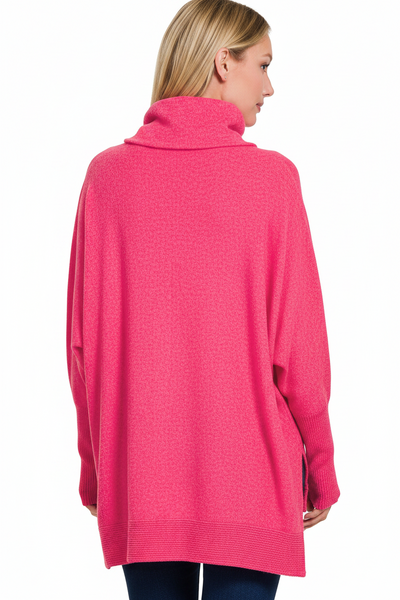 Hot Pink Brushed Melange Cowl Neck Sweater