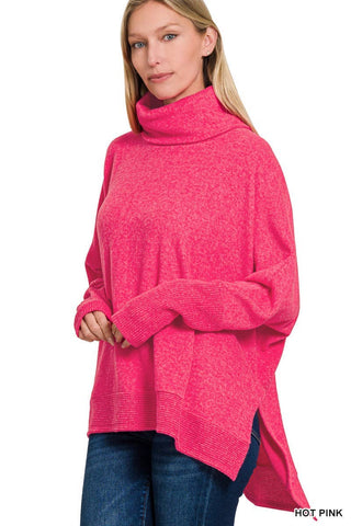 Hot Pink Brushed Melange Cowl Neck Sweater