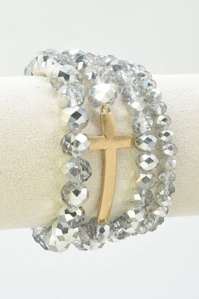 Silver Bead Cross Charm Bracelet Set