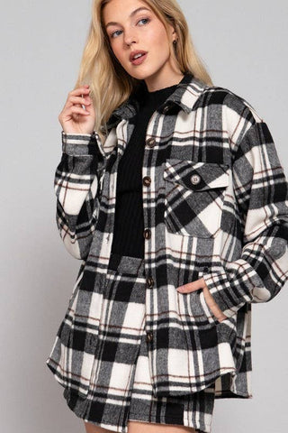 Black brown Wool Plaid Jacket Plus