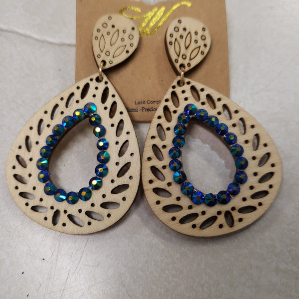 Ivory wood teardrop with blue stone earring