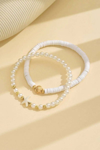 Starfish Shell Pearl Decor Beaded Double Layer Anklet