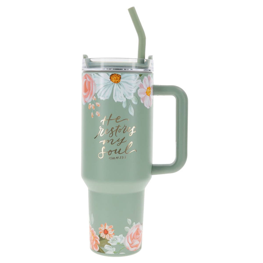 He Restores my Soul Ps. 23:3 Tumbler w/straw SS Green