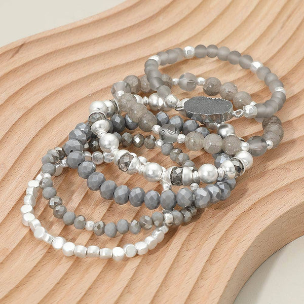 Gray Oval Druzy Charm Beaded Stretch Multi Layered Bracelet