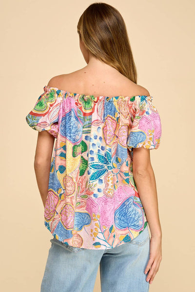Blue Floral Off-shoulder Puff Sleeve Top