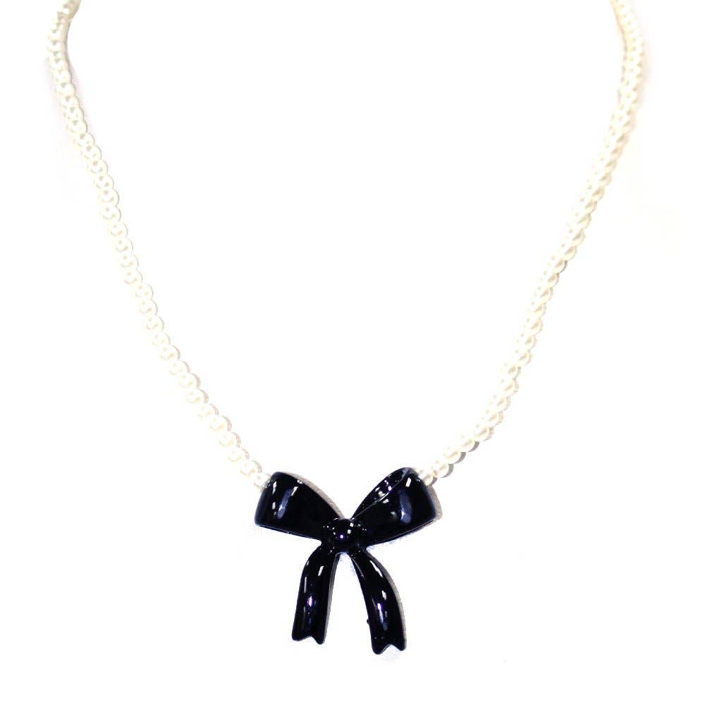 Black Bow Pearl Strand Necklace