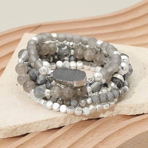Gray Oval Druzy Charm Beaded Stretch Multi Layered Bracelet