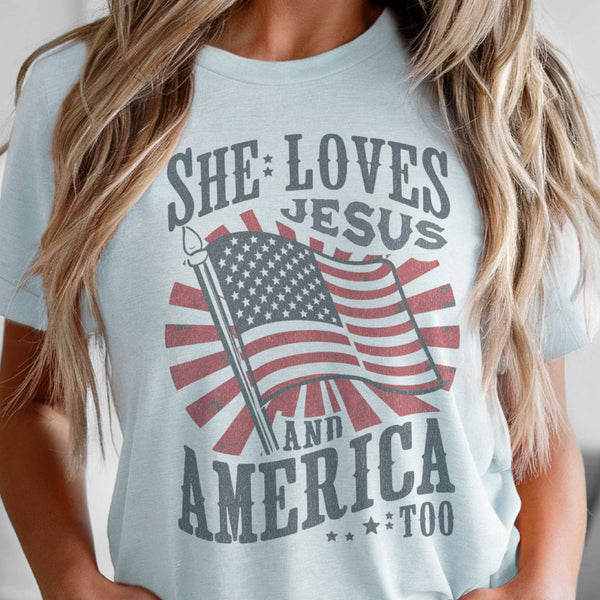 USA She Loves Jesus and America Too Graphic Tee
