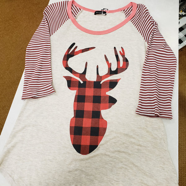 Taupe plaid deer stripe sleeve shirt. SIZE SMALL