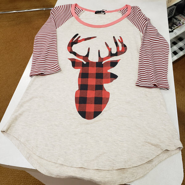 Plaid deer stripe sleeve top small