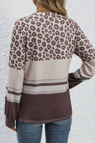 Leopard Color Block Crewneck Long Sleeve Top