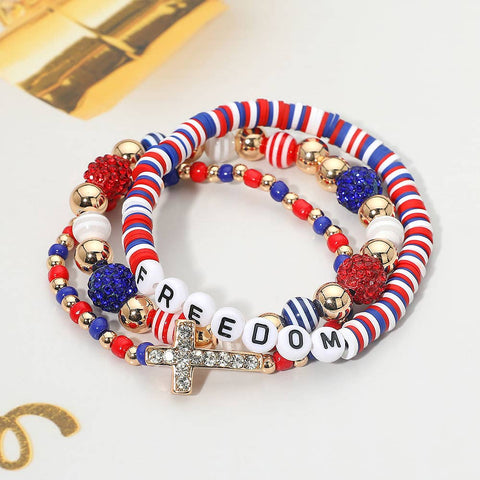 FREEDOM Cross Charm Stretch Layered Bracelets
