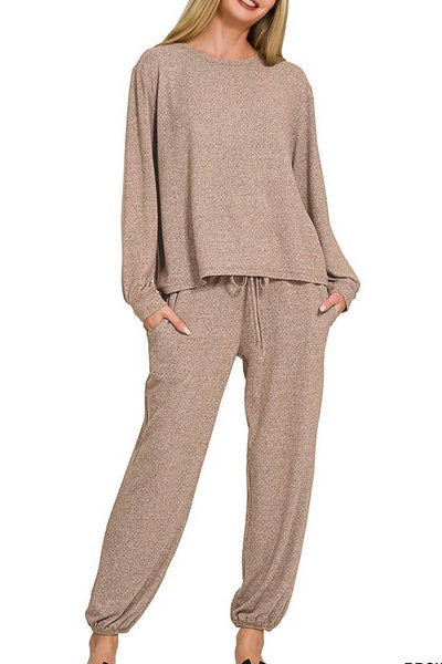 Brown Soft Melange Hacci Top And Joggers Set