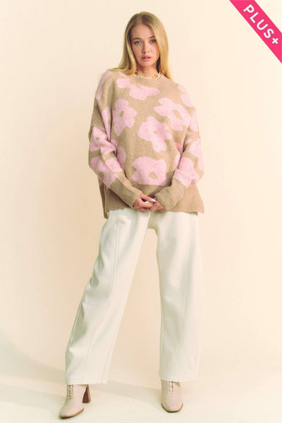 Beige Pink Floral Sweater Plus